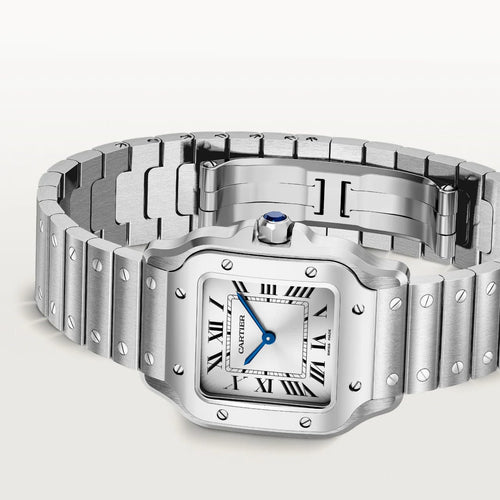 Cartier Santos Uhr Luxuriöse Armbanduhr mit eleganten Design und modernem Armband, präzise Uhrmacherkunst.